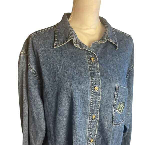Woolrich Womens VTG Embroidered Denim Jean Shirt XL Medium Blue Trees Winter - Picture 13 of 16
